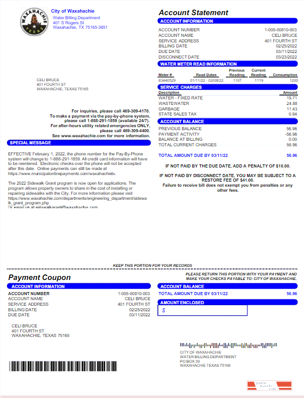 USA CITY OF WAXAHACHIE utility bill Word and PDF template